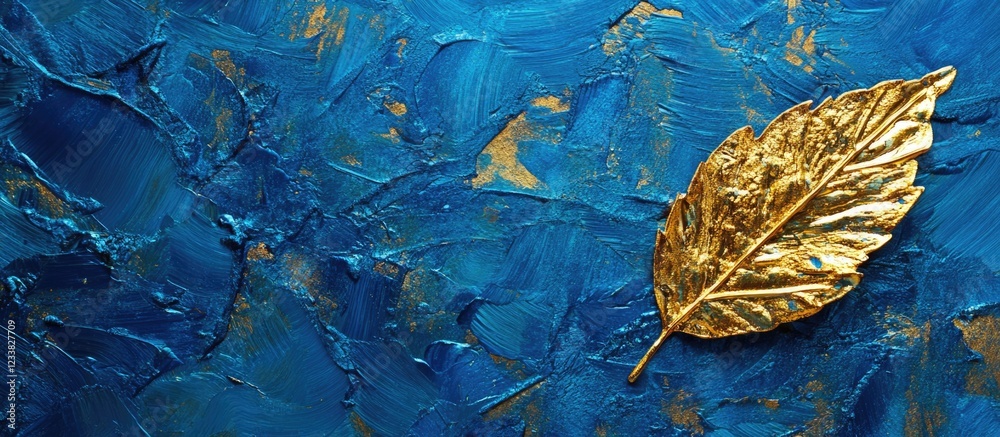 Poster blue textured background with a gold leaf on a painted surface showcasing artistic detail and vibran