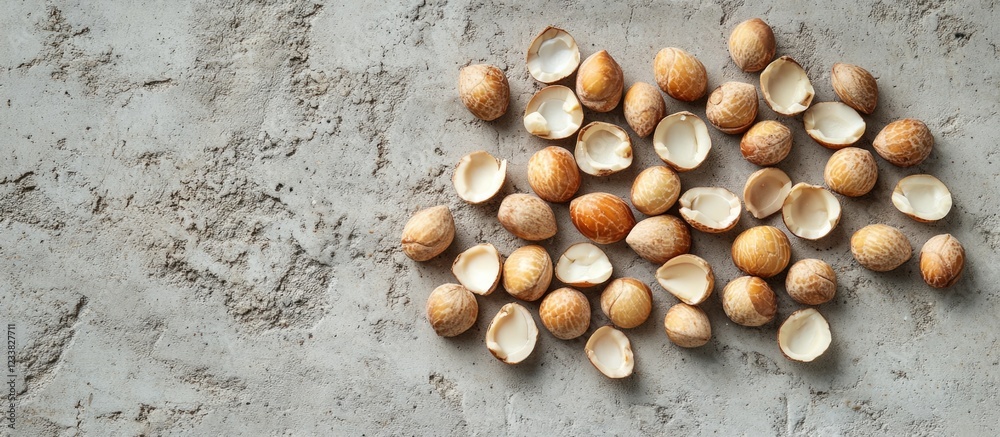 Poster Scattered hazelnut shells on a textured gray background with ample copy space for text placement