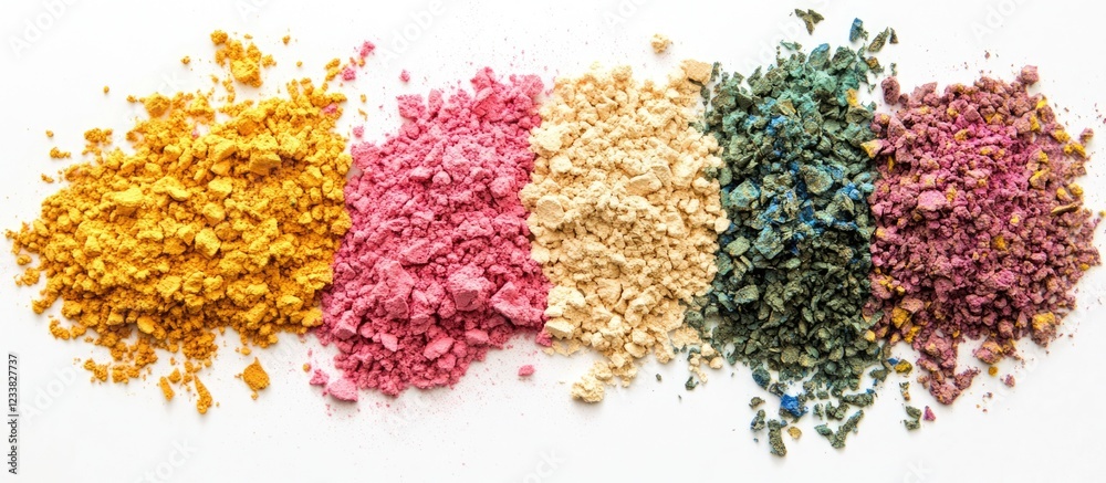 Poster Colorful natural pigments arranged in piles on white background with Copy Space for text insertion.