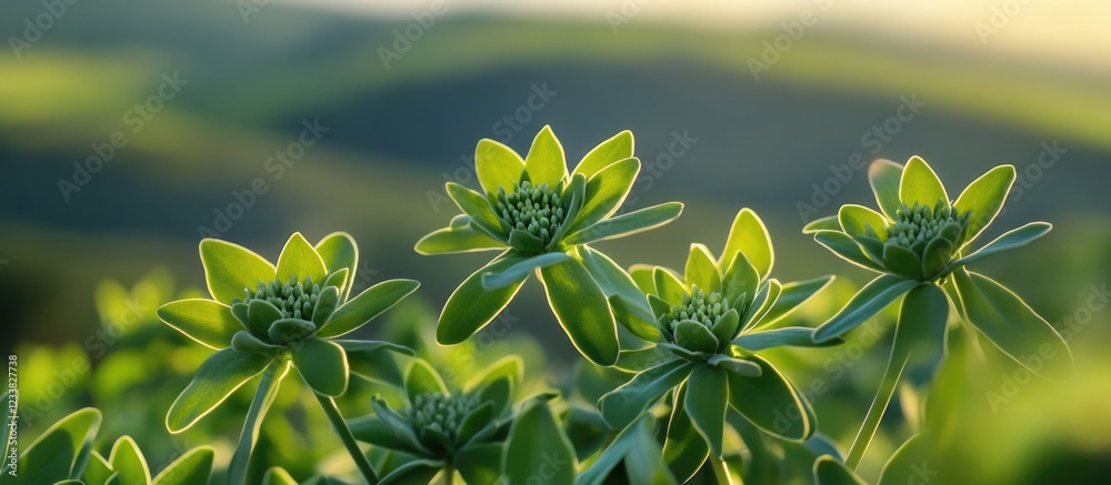 Poster close-up of green succulent plants with blurred hills in the background and soft natural lighting co