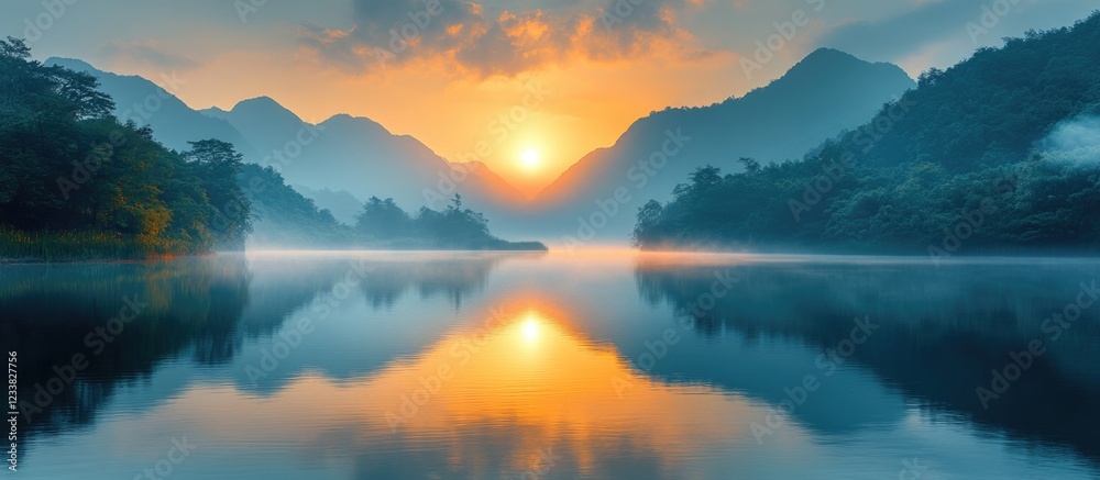Poster Sunrise over calm lake with mountains in background reflecting colorful sky and clouds copy space