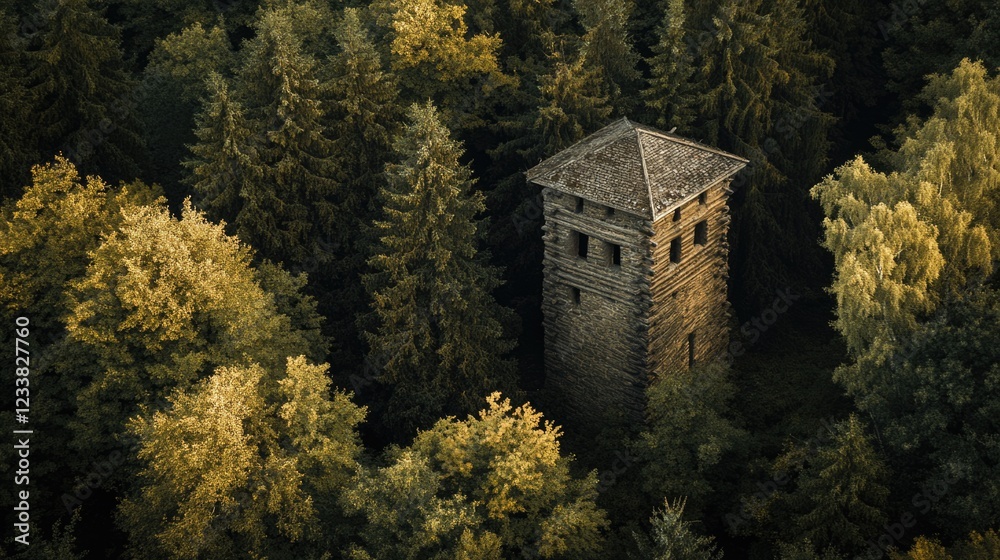 Poster aerial view of a historic wooden tower surrounded by dense green forest foliage in autumn colors wit