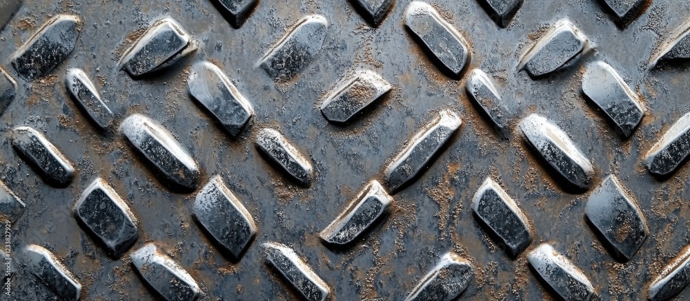 Aufkleber Close-up view of textured metal surface with diamond pattern and rusty areas showcasing wear and tear Copy Space
