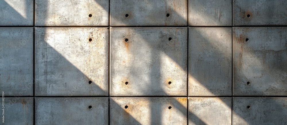 Poster concrete wall with exposed bolts and shadows creating a textured pattern suitable for backgrounds or