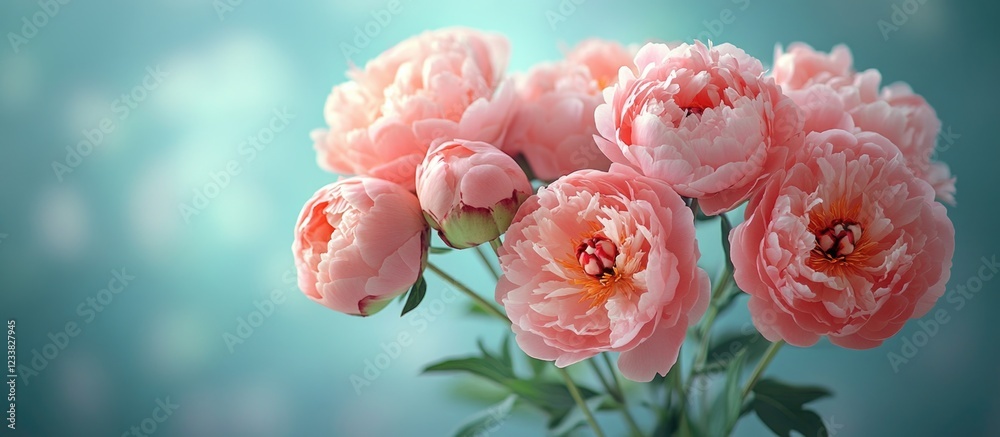 Poster pink peonies bouquet with soft focus background and copy space for text