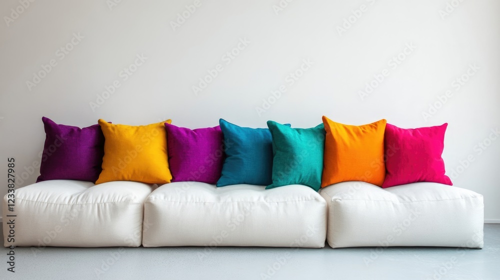 Poster colorful cushions on a modern white sofa against a plain wall with copy space for text placement.