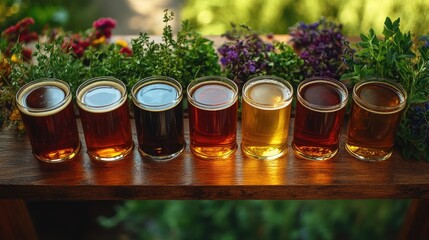 Assorted craft beer glasses arranged on a wooden table surrounded by colorful herbs and flowers showcasing diverse beer types and flavors.