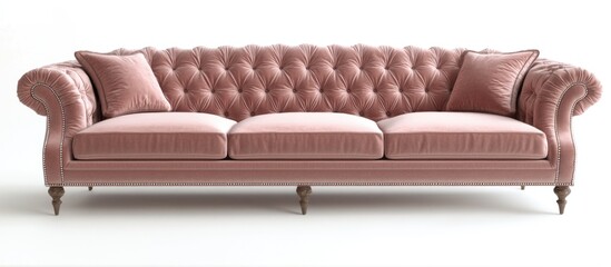 Elegant tufted pink velvet sofa with decorative pillows on a white background with copy space for text.