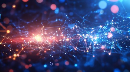 Fototapeta premium Abstract glowing network with interconnected lines and vibrant circular bokeh lights