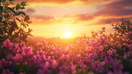Naklejka premium Breathtaking Sunset Illuminating a Vibrant Flowering Garden with Space for Text and Inspirational Messaging