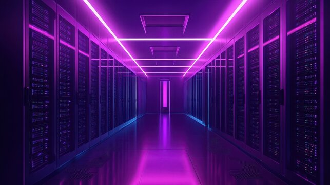 An ultramodern server room is illuminated by neon purple lights, showcasing the advanced power and sophistication of contemporary data storage technology.