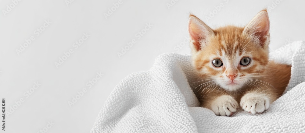 Poster Ginger kitten wrapped in white blanket with copy space for text on light background