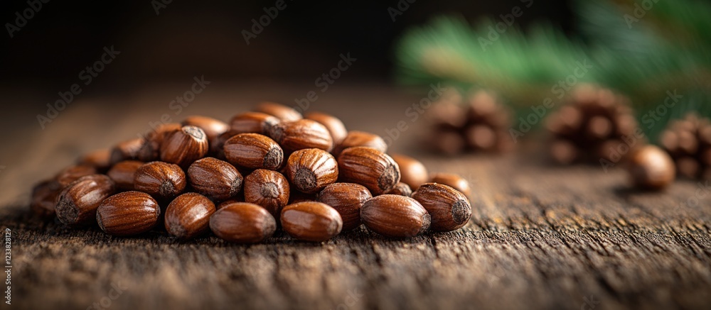 Poster brown seeds arranged on a wooden surface with blurred pine cones and needles in the background copy 