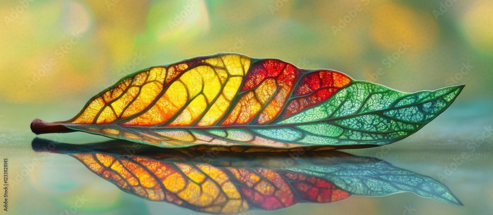 Aufkleber Colorful transparent leaf with intricate vein patterns reflecting on a surface against a blurred background Copy Space