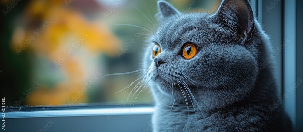 Poster gray british shorthair cat with orange eyes sitting by a window with autumn background and copy spac