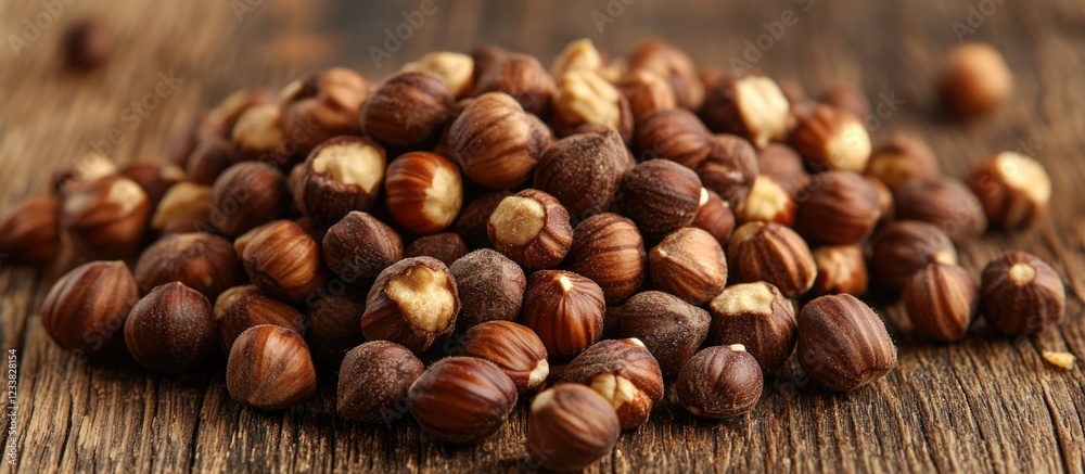 Poster close-up of a pile of roasted hazelnuts on a wooden surface with copy space for text placement.