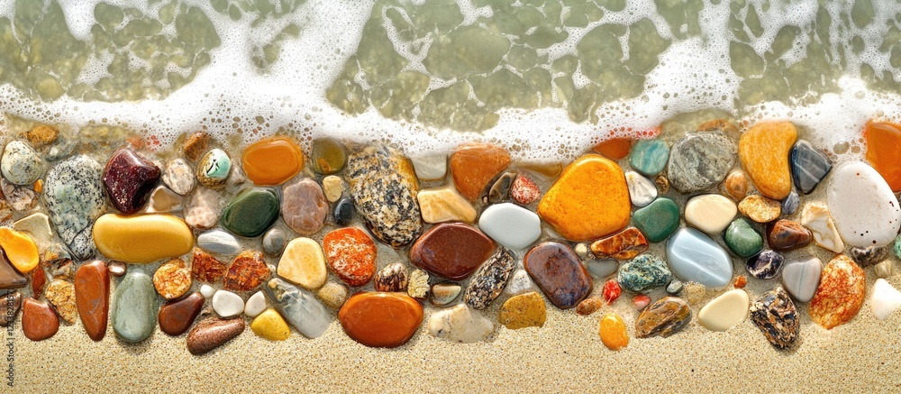 Poster colorful pebbles on sandy beach with gentle waves and copy space for text