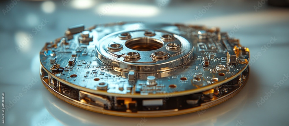 Poster close-up of a circular electronic circuit board with intricate details and components on a reflectiv