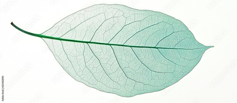 Poster Translucent leaf with intricate vein structure isolated on white background with copy space for text placement.
