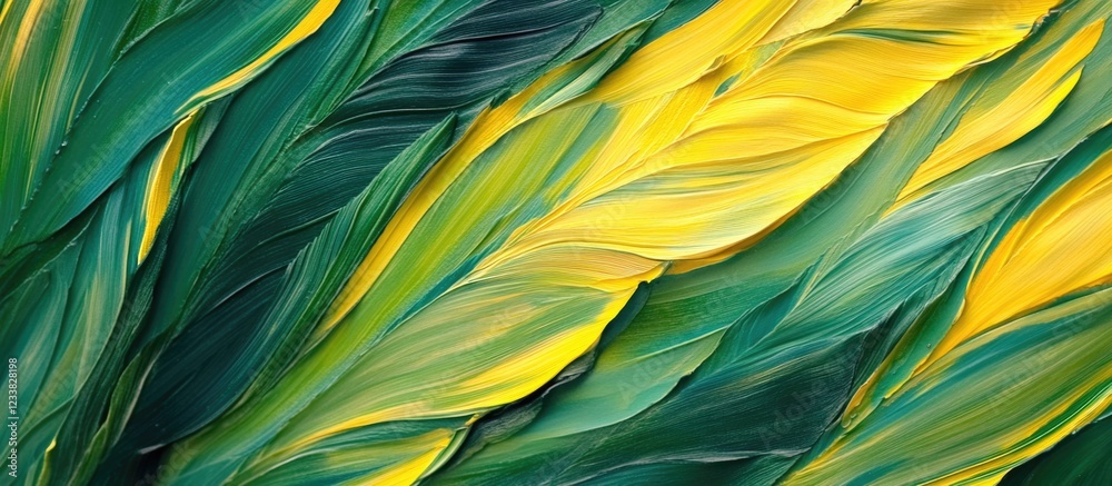 Fototapete Abstract textured background with green and yellow flowing strokes in paint with Copy Space for text placement