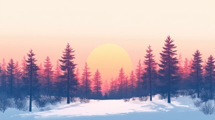 Serene sunrise illuminating a snowy forest on a mountain summit with ample space for text and natural beauty