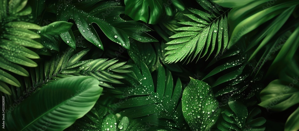 Poster lush green tropical leaves background with water droplets and ample copy space for text or design el