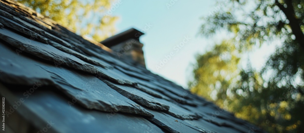 Poster Close-up view of weathered slate roof tiles with blurred tree background and copy space for text