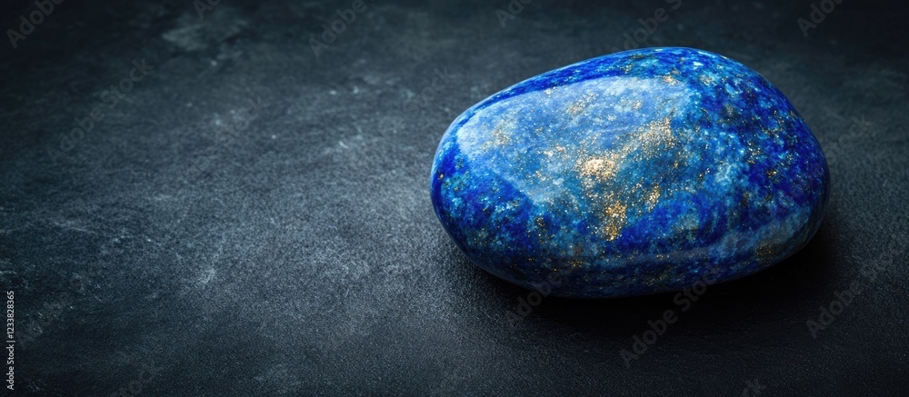 Poster blue lapis lazuli gemstone on a dark stone background with copy space for text.