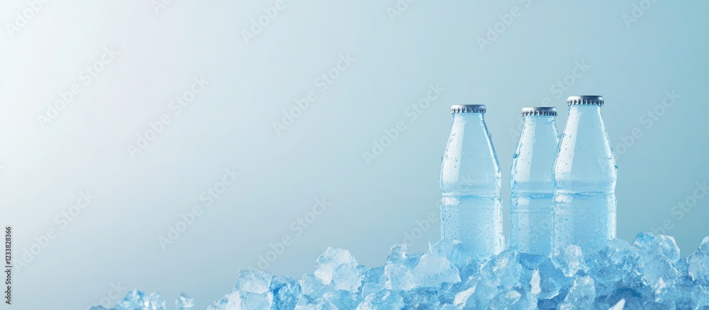 Poster Three clear water bottles on a bed of ice with a soft blue background and ample copy space for text placement.
