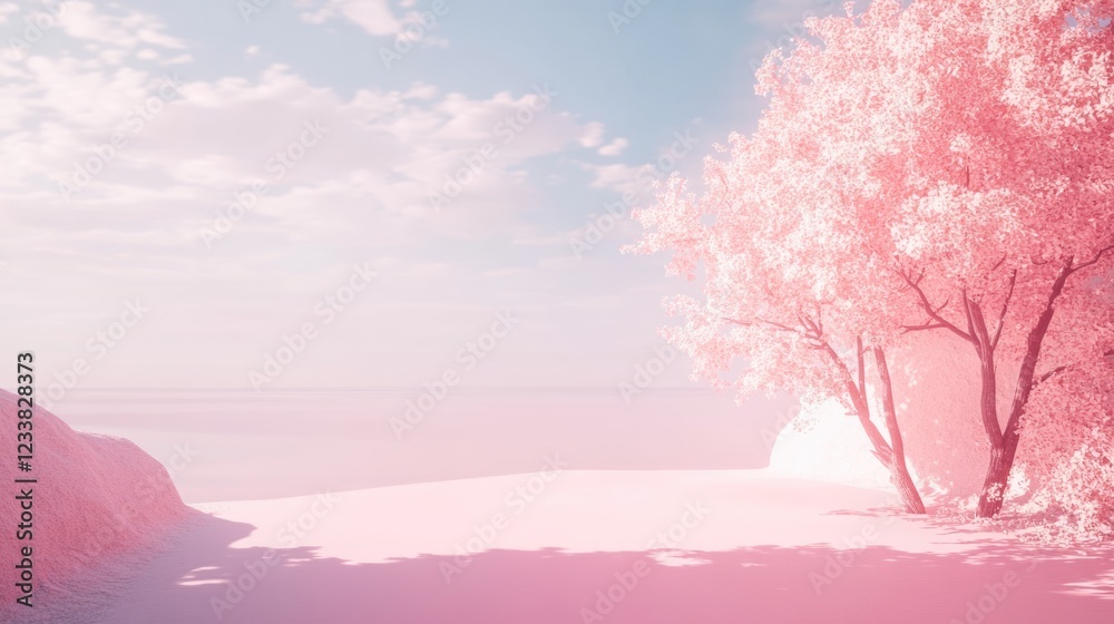 Poster text caption of unreal engine with serene pink landscape background and ample copyspace for creative