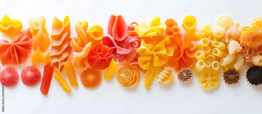 Poster Colorful assortment of uncooked pasta varieties arranged in a line on a white background with Copy Space for text