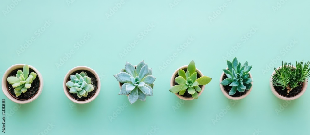 Poster succulent plants in small pots arranged on a mint green background with ample copy space for text.
