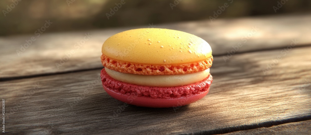 Aufkleber colorful macaron cookie placed on a rustic wooden surface with natural lighting and copy space for t
