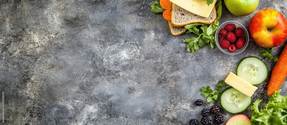 Poster healthy fresh fruits and vegetables on a textured gray background with copy space for text