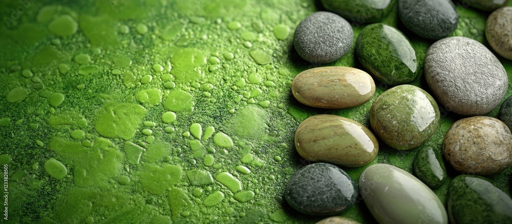 Aufkleber Close-up of wet pebbles on green background with water droplets and Copy Space for text placement