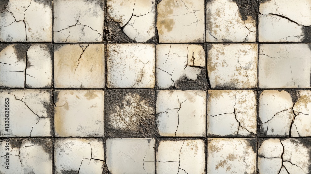 Poster old cracked ceramic tile floor with dirt and grime in a grid pattern copy space