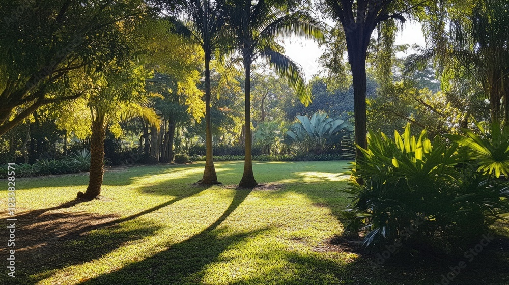 Poster sunlight filtering through lush garden trees creating shadows and empty space for text on a serene g
