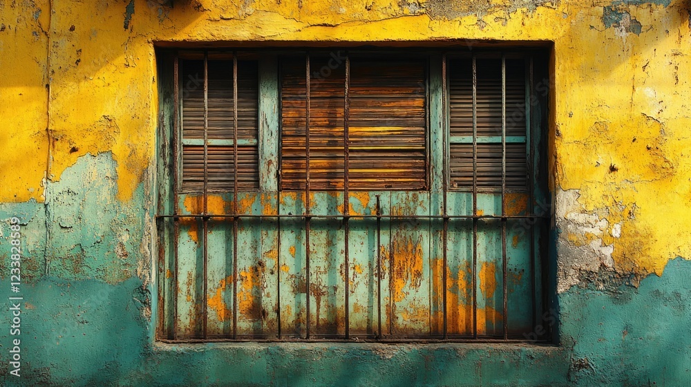 Poster weathered window with rusted bars on colorful peeling wall in urban environment copy space