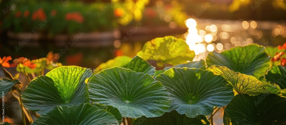 Poster lush lotus leaves with a tranquil water background during sunset creating natural bokeh effect with 