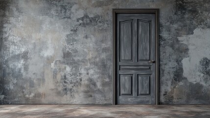 Tall Unfinished Gray Wooden Door Against Textured Wall with Empty Space for Copy or Design Elements