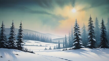 Fototapeta premium a painting of a snowy landscape with trees