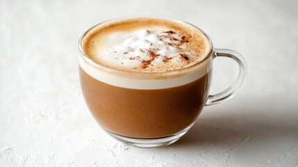 A delicate glass cup of mocha coffee with frothy milk foam, on a white background