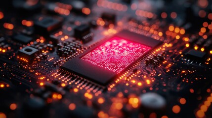 Abstract close-up of a high-tech circuit board illuminated with red light showcasing XML coding elements and blank space for text insertion
