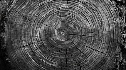 Obraz premium Tree Ring Texture of Old Wood. A distinctively aged, weathered, Warm gray cut wood texture. Detailed black and white texture 