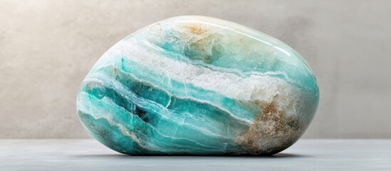 Natural polished turquoise semi-precious stone on neutral background with copy space for text insertion