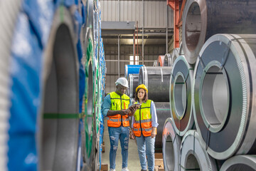 Two mechanical engineers in safety uniform from different nationalities working together checking...