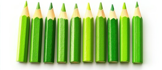 Row of green colored pencils in various shades arranged in a straight line with white background and copy space