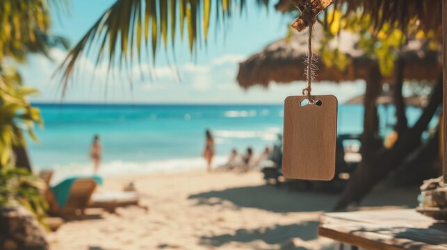 Tropical beach scene showcasing a tag for drink specials with ocean view and beach bar ambiance under palm trees.