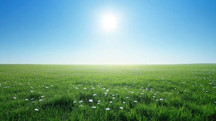 Fototapeta premium Vibrant Green Field with White Daisies Beneath Bright Blue Sky Perfect for Countryside Themes and Text Overlay Space