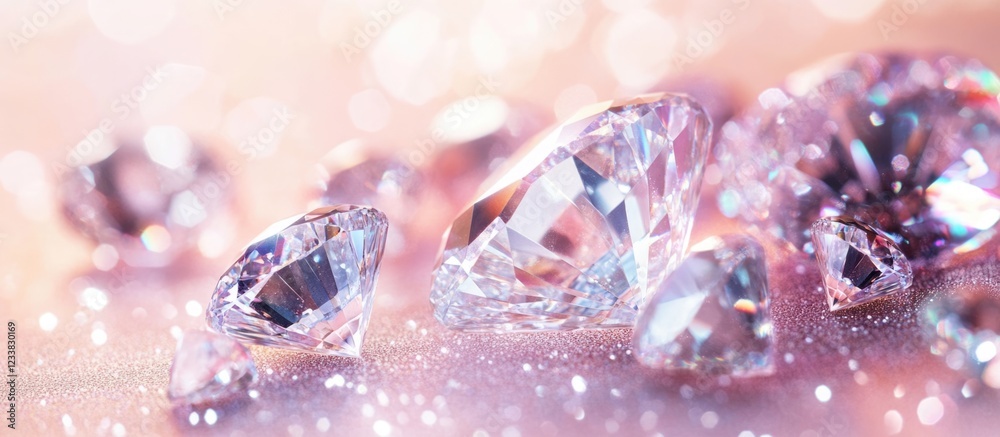 Poster colorful diamonds on a soft pink background with bokeh effect and ample copy space for text placemen